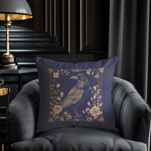 Navy blue throw pillow cover featuring a bronze raven illustration surrounded by intricate floral designs, suitable for gothic or dark academia decor.